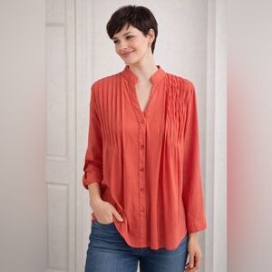 PAPA Vancouver Classic Button Down Pleats  Color Coral/Salmon Long Sleeve Sz L